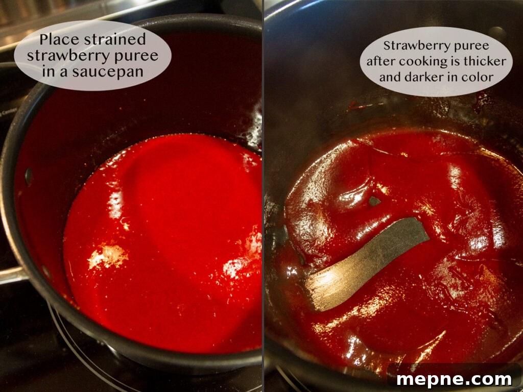 How to Make Strawberry Fruit Roll-Ups 6 process shots for how to make fruit leather, adding the pureed fruit to a pot to cook