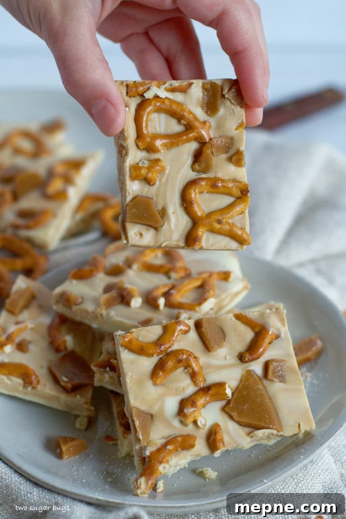 Homemade Cookie Butter White Chocolate Bark Recipe 3 a hand holding a piece of candy bark