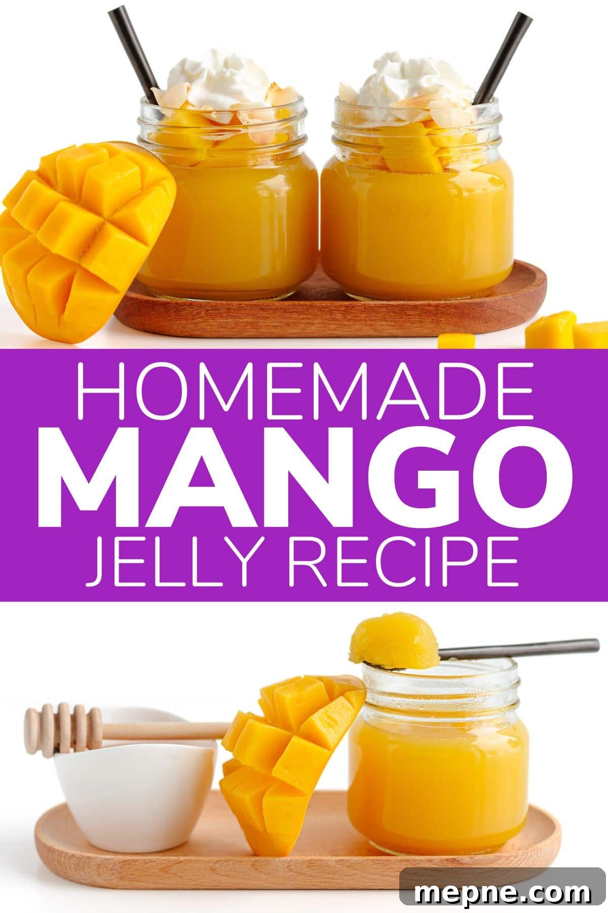Homemade Mango Jelly Recipe with Fresh Mango 17 Graphic showing two photos of mango jellies and text overlay in the center that reads Homemade Mango Jelly Recipe.