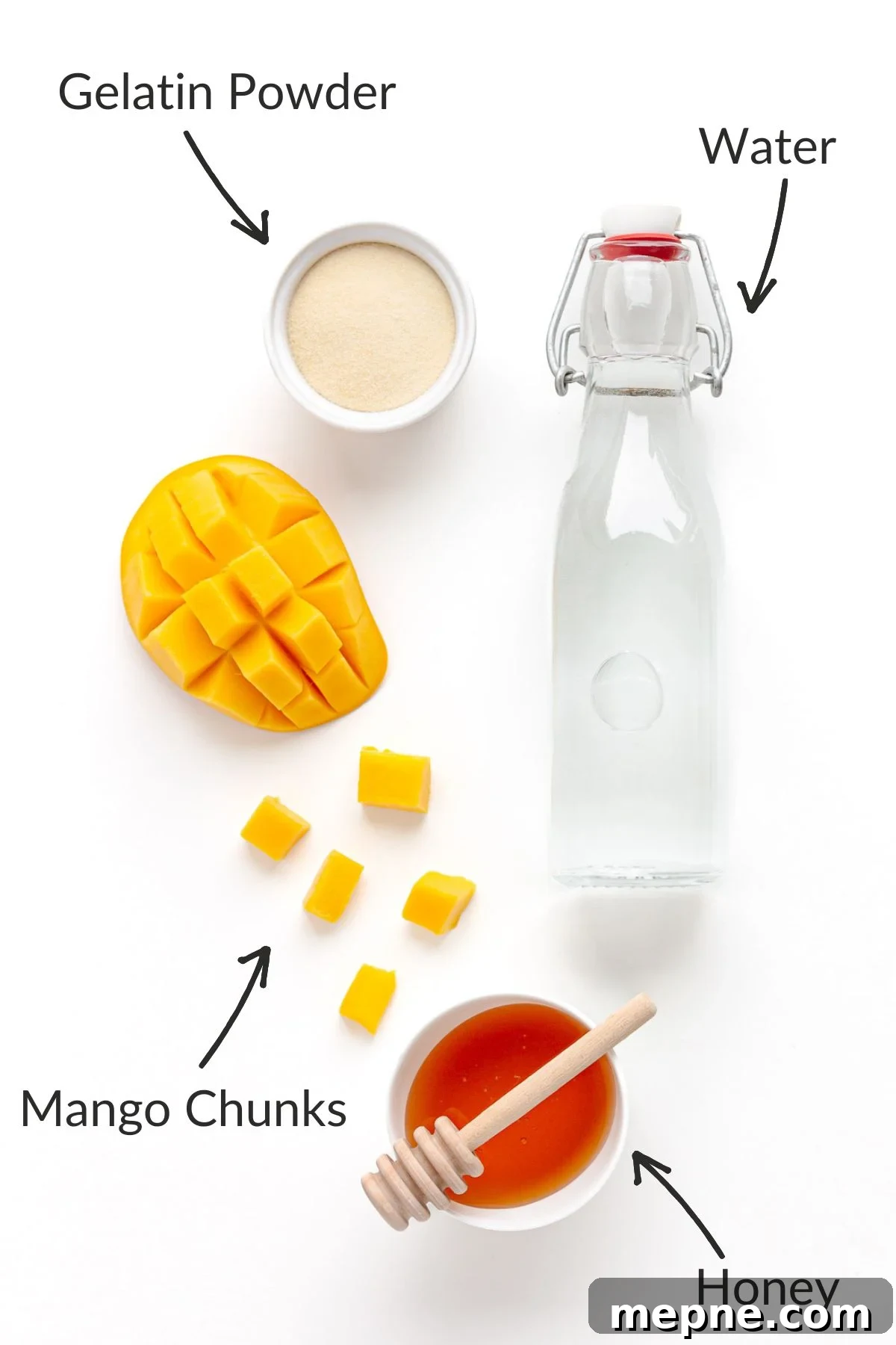 Homemade Mango Jelly Recipe with Fresh Mango 4 Labelled photo of ingredients needed to make mango jelly.