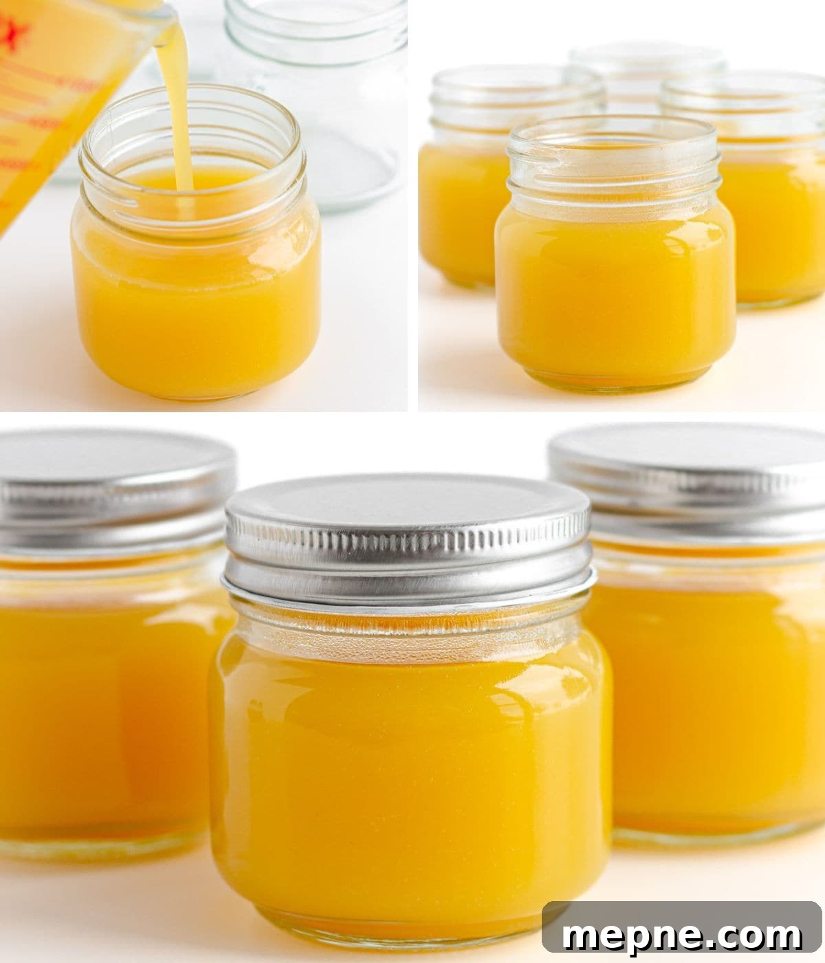 Homemade Mango Jelly Recipe with Fresh Mango 10 Collage of mango jelly mixture being poured into glass jars and sealed jars.