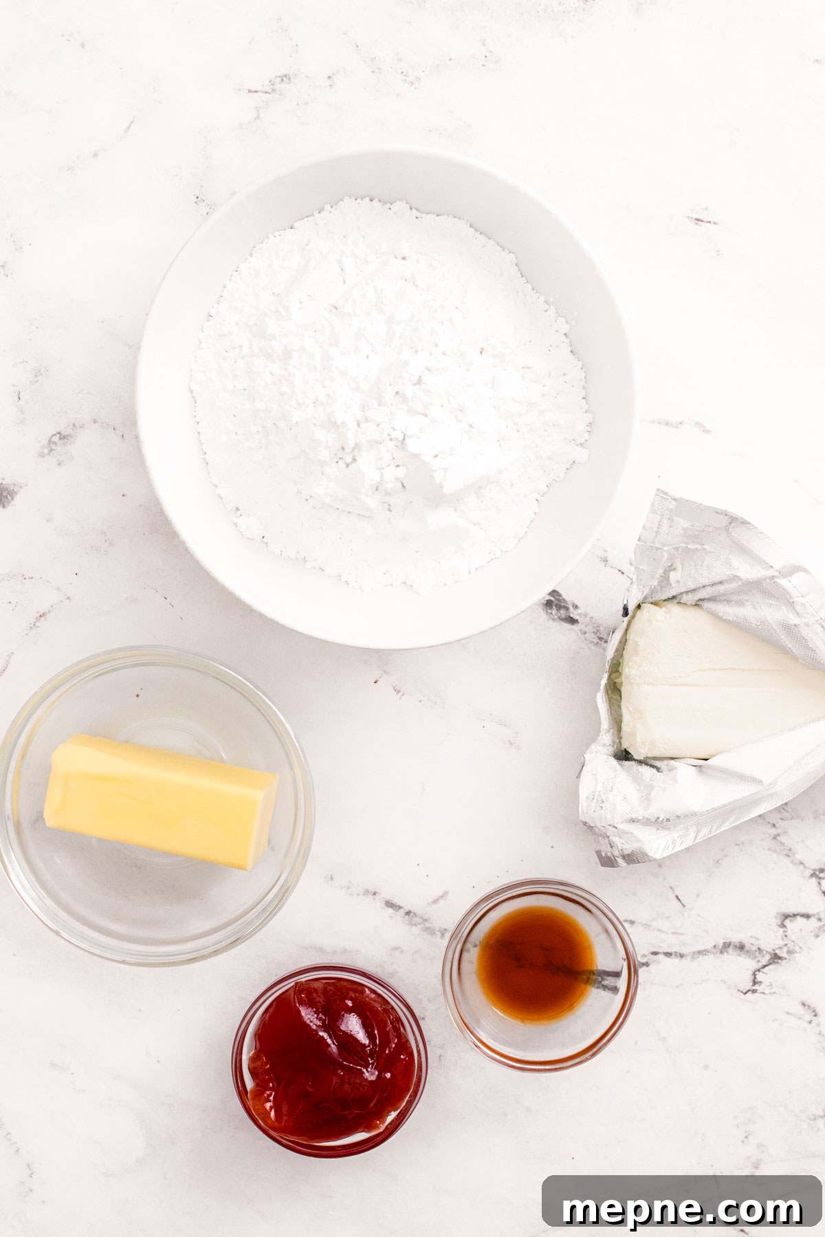 Overhead photo of ingredients to make strawberry frosting.