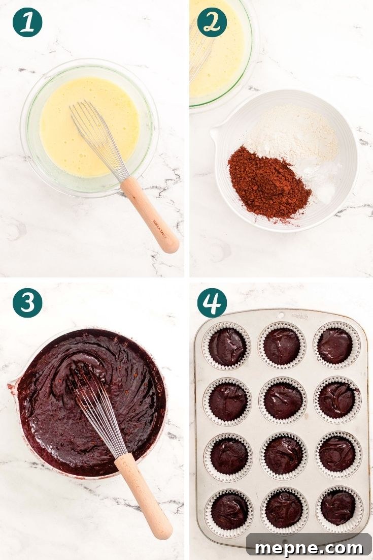 step-by-step photos showing how to make chocolate cupcakes.