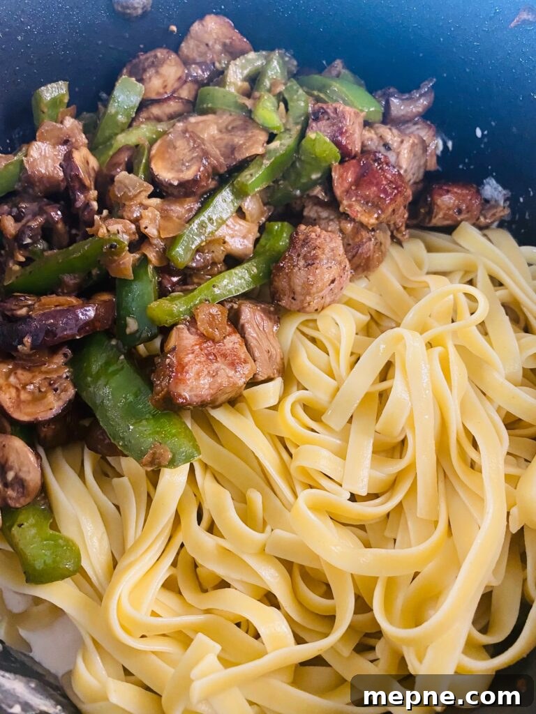 One-Pan Philly Cheesesteak Pasta Recipe 7 Philly Cheesesteak Pasta before tossing together