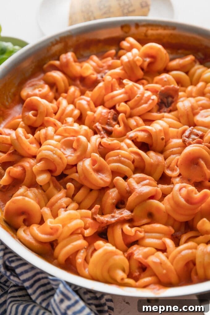 Creamy Sun-Dried Tomato Pasta Recipe 4 Close up of creamy sun-dried tomato pasta in a large skillet.
