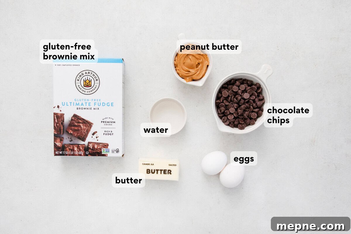 Gluten-Free Peanut Butter Brownies from Box Mix 4 Ingredients for gluten-free peanut butter brownies on a countertop.