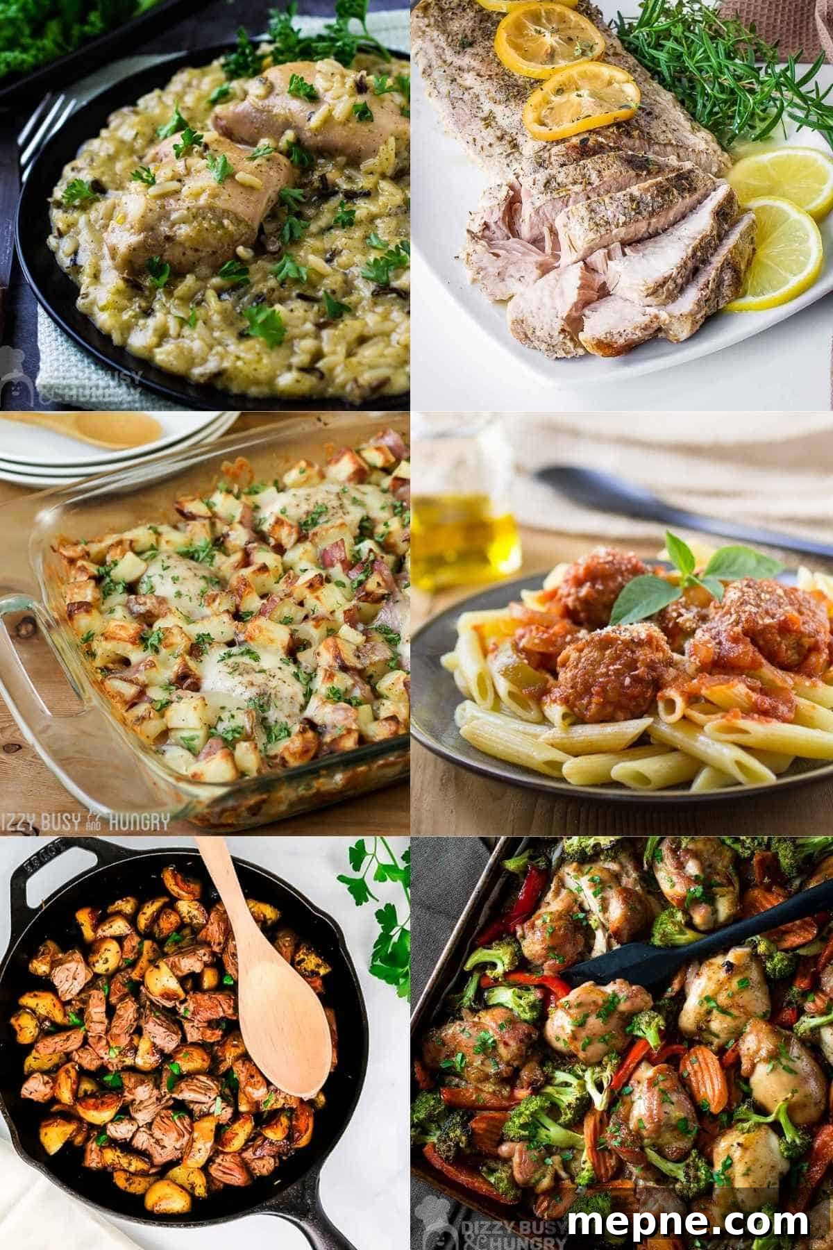 Affordable Meats to Buy and Cuts You Should Avoid 2 Photo collage of dinner plates including chicken and rice, pork, chicken and potato casserole, pasta and meatballs, beef and potatoes, and chicken thighs.