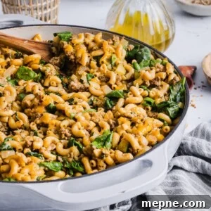 Lighter Homemade Hamburger Helper Recipe 11 3/4 view of a large, white skillet with healthier hamburger helper inside