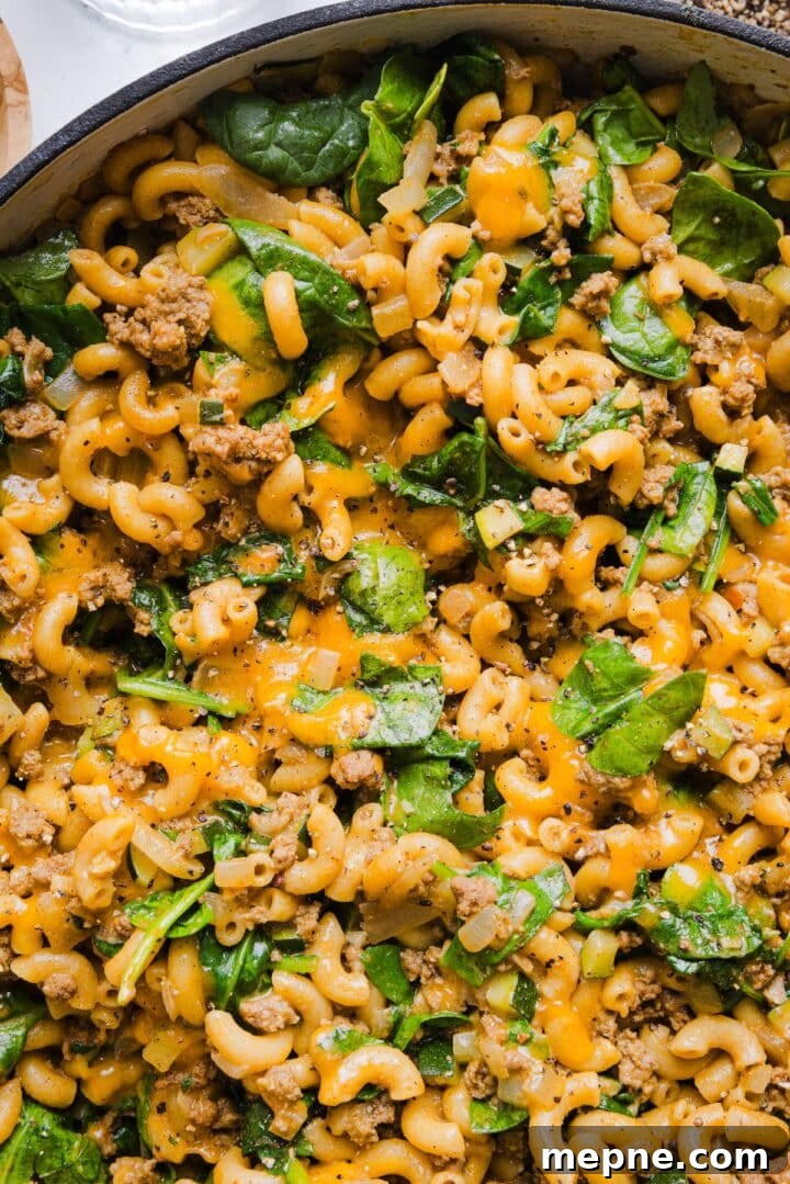 Lighter Homemade Hamburger Helper Recipe 10 Close-up photo of healthy hamburger helper in a large pot