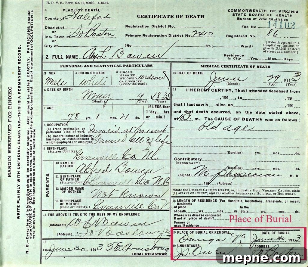 Death Certificate for Alex. L. Bowen of Halifax County, Va. Red box outlines the Place of burial section