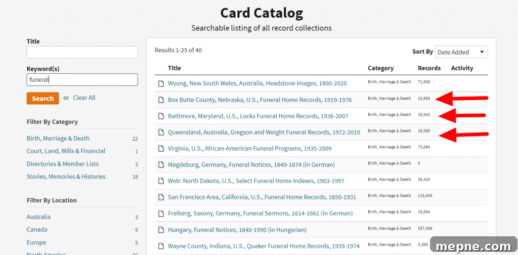 Screen shot of card catalog on Ancestry.com with listings for funeral home records search