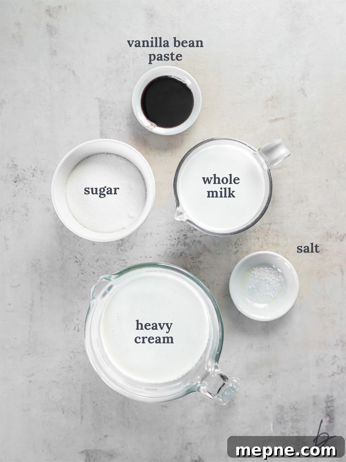 Creamy Eggless Vanilla Ice Cream Recipe 3 bowls of ingredients to make homemade vanilla ice cream.