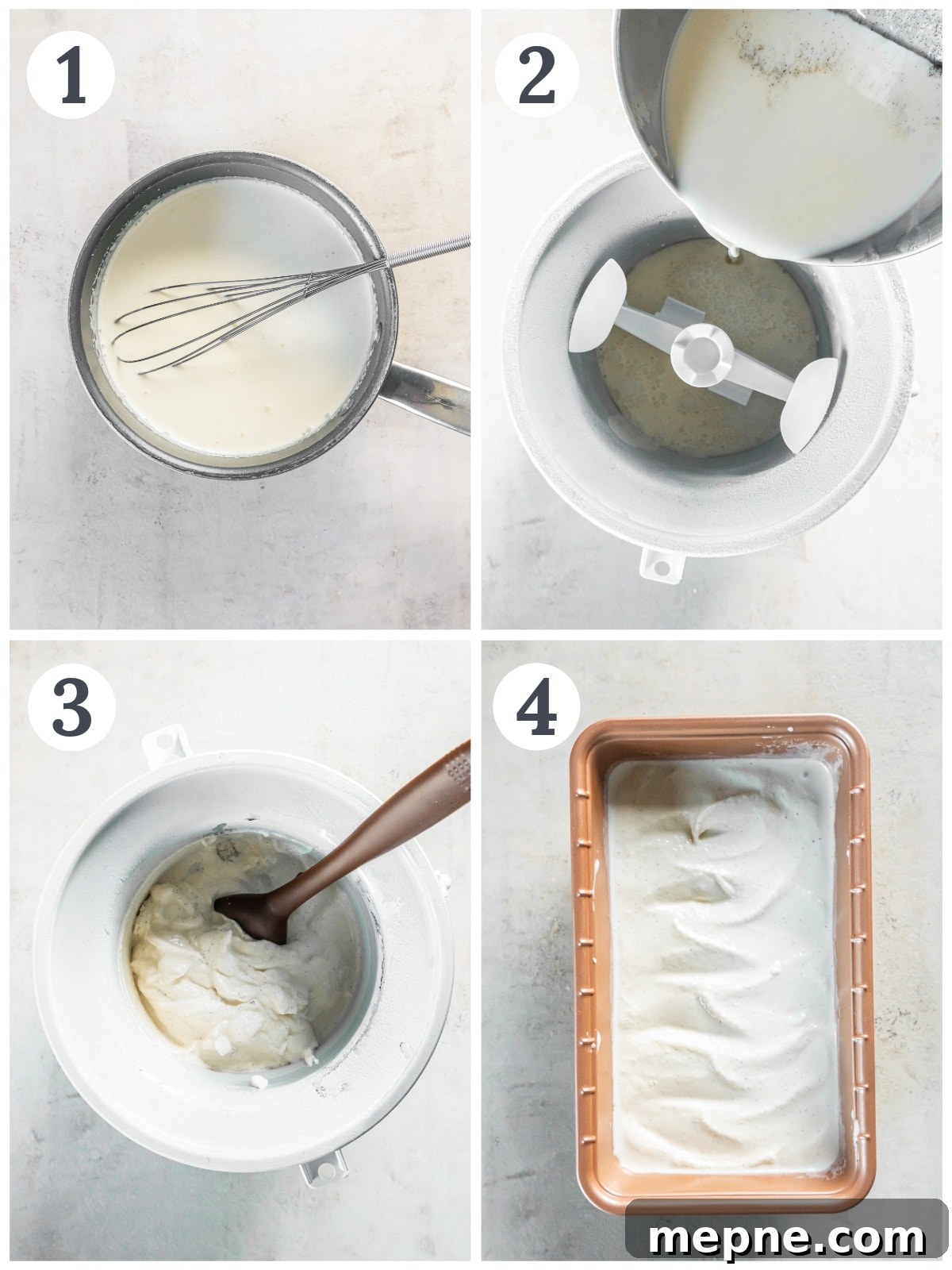 Creamy Eggless Vanilla Ice Cream Recipe 4 photo collage demonstrating how to make homemade vanilla ice cream in an ice cream maker.