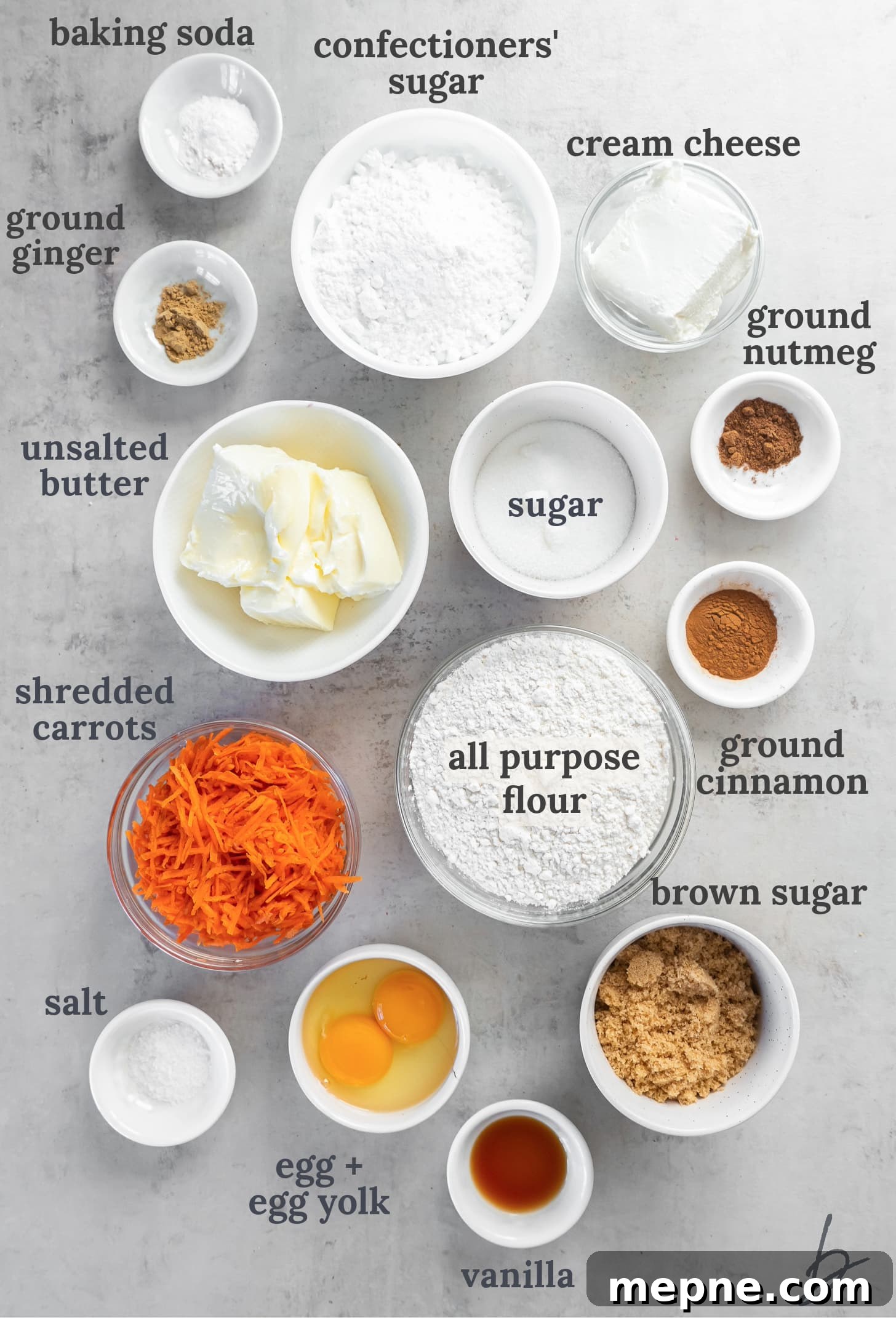 Spiced Carrot Cake Cookies with Cream Cheese Frosting 3 bowls of ingredients to make carrot cake cookies with cream cheese frosting.