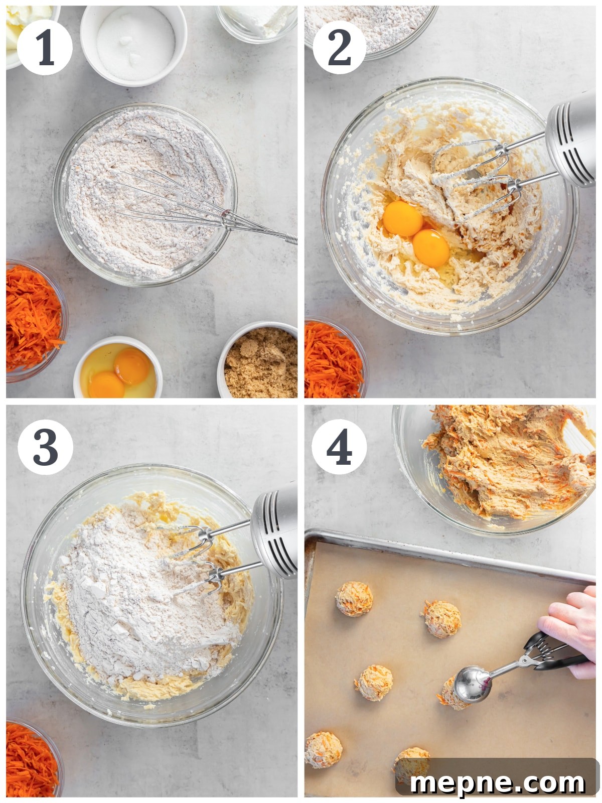 Spiced Carrot Cake Cookies with Cream Cheese Frosting 4 photo collage demonstrating how to make carrot cake cookies in a mixing bowl.