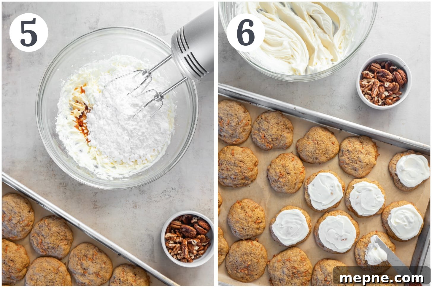 Spiced Carrot Cake Cookies with Cream Cheese Frosting 5 photo collage demonstrating how to make cream cheese frosting for carrot cake cookies.