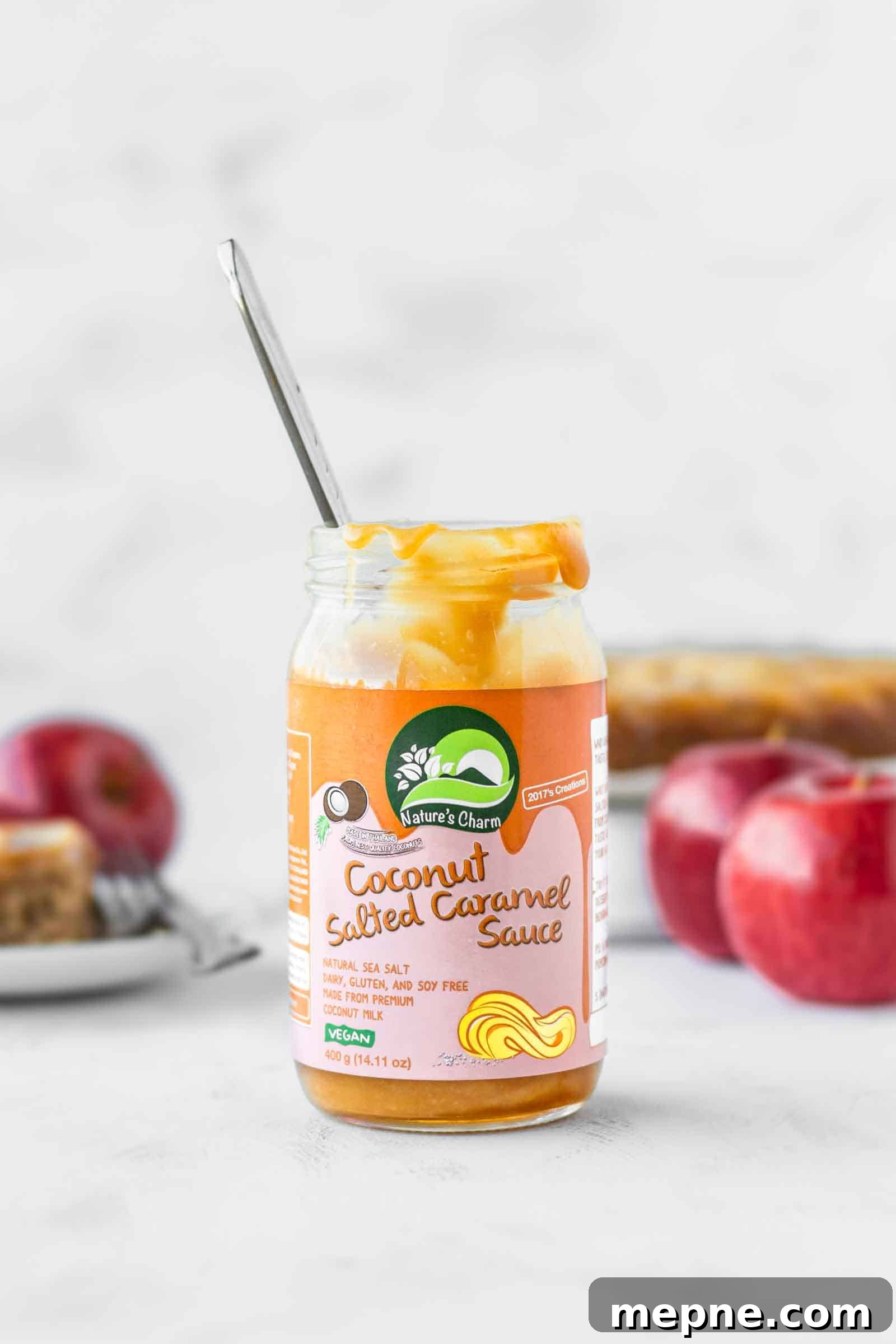 Vegan Apple Cake Recipe with Cinnamon Streusel 3 A jar of vegan salted caramel sauce.