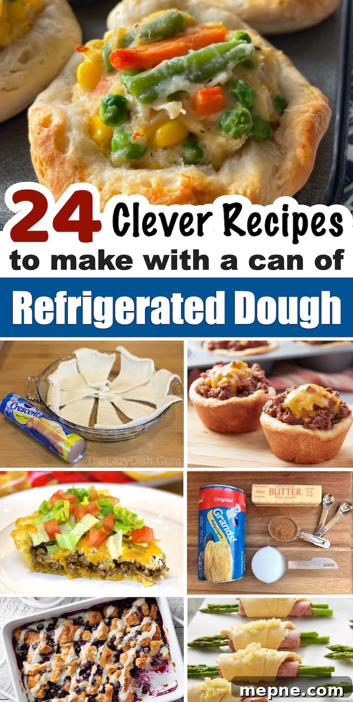 24 Canned Refrigerated Dough Recipes for Dinner and Dessert 2 A collage of 24 clever recipes made with a can of Pillsbury refrigerated dough. A variety of easy recipes, from dinners and desserts to snacks and fun appetizers. A tube of refrigerated dough makes cooking and baking quick, easy and fun!