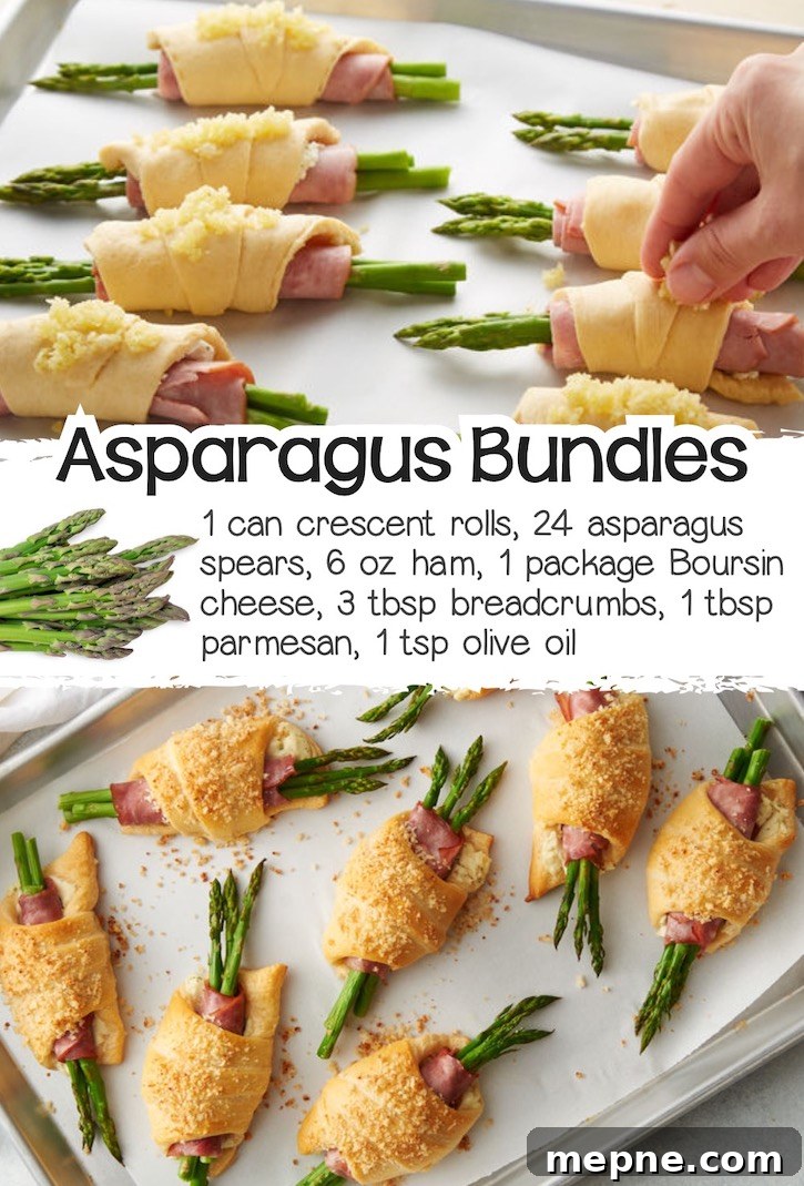 24 Canned Refrigerated Dough Recipes for Dinner and Dessert 13 Bundles of asparagus and ham wrapped in refrigerated crescent dough on a baking sheet.
