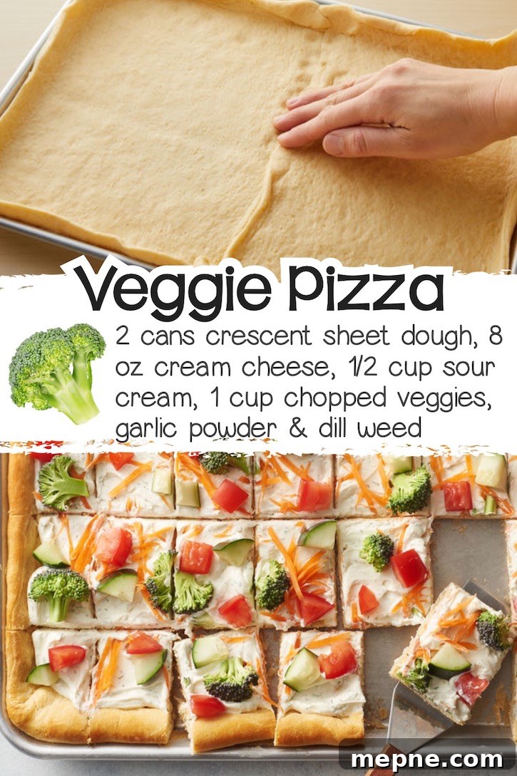 24 Canned Refrigerated Dough Recipes for Dinner and Dessert 15 A cold veggie pizza recipe made on a sheet pan with a cooked and cooled crescent sheet dough crust, topped with a mixture of seasoned cream cheese and sour cream, and then sprinkled with fresh veggies like broccoli, tomatoes, carrots, and cucumber.