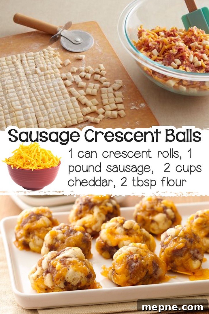 24 Canned Refrigerated Dough Recipes for Dinner and Dessert 19 Classic sausage balls with a fun twist, made with refrigerated crescent dough cut into tiny pieces and then mixed with ground sausage, cheese, and flour, baked on a sheet pan to create a delicious appetizer.