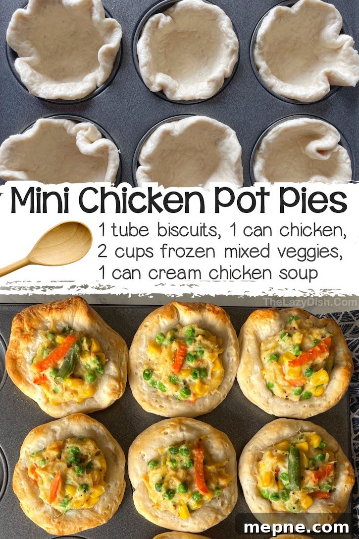 24 Canned Refrigerated Dough Recipes for Dinner and Dessert 3 Mini Chicken Pot Pies made with Pillsbury refrigerated biscuits, a can of chicken, frozen mixed veggies, and a can of cream of chicken soup all cooked together in a muffin pan to make handheld mini savory pies.