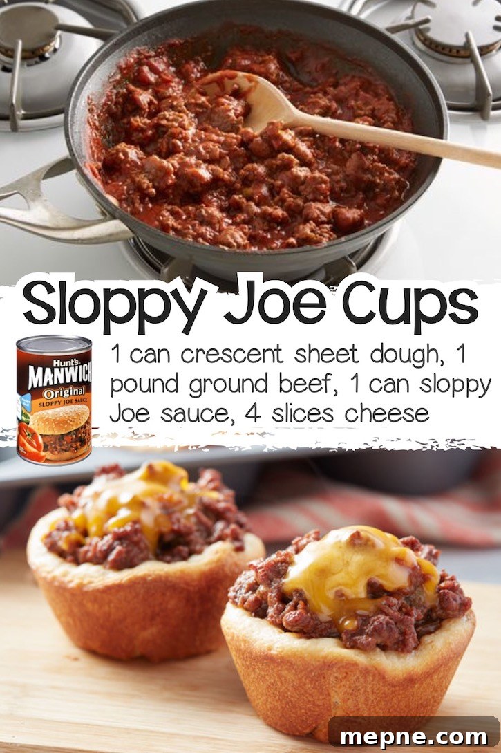 24 Canned Refrigerated Dough Recipes for Dinner and Dessert 5 Classic sloppy Joe ingredients stuffed into little cups made with Pillsbury crescent dough in a mini muffin pan, topped with gooey cheese.