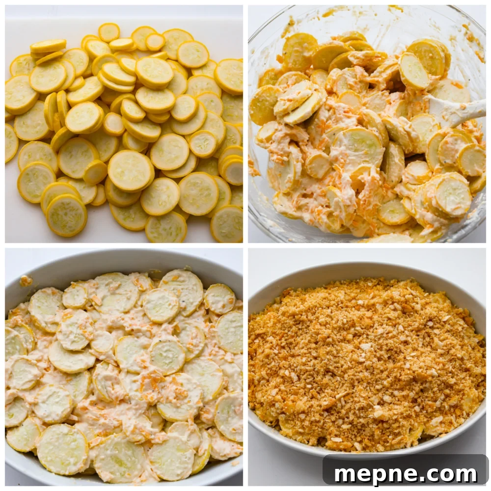 Preparing squash casserole with cheese and cracker topping. Steps showing sliced squash, cheese added and crumbled crackers on top.