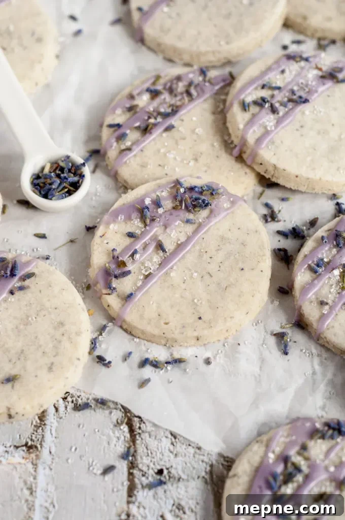 Light golden lavender flavored shortbread cookies with a purple icing drizzle on top and dried lavender and sprinkles.