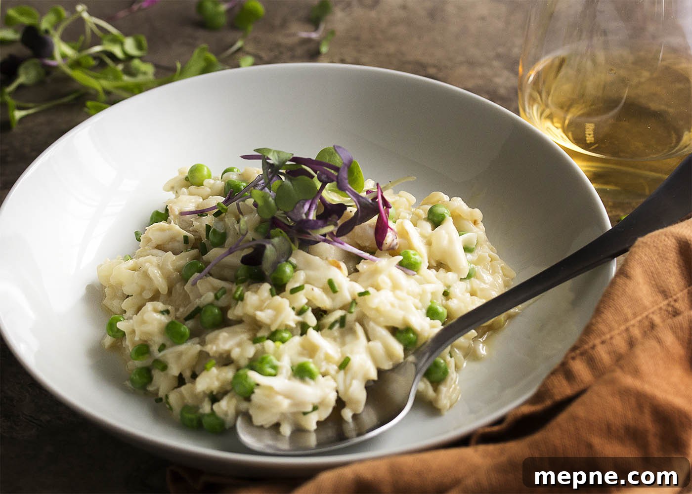 Creamy Crab Risotto with Mascarpone and Peas 3 Creamy crab risotto with mascarpone, baby peas, chives, and optional microgreens.
