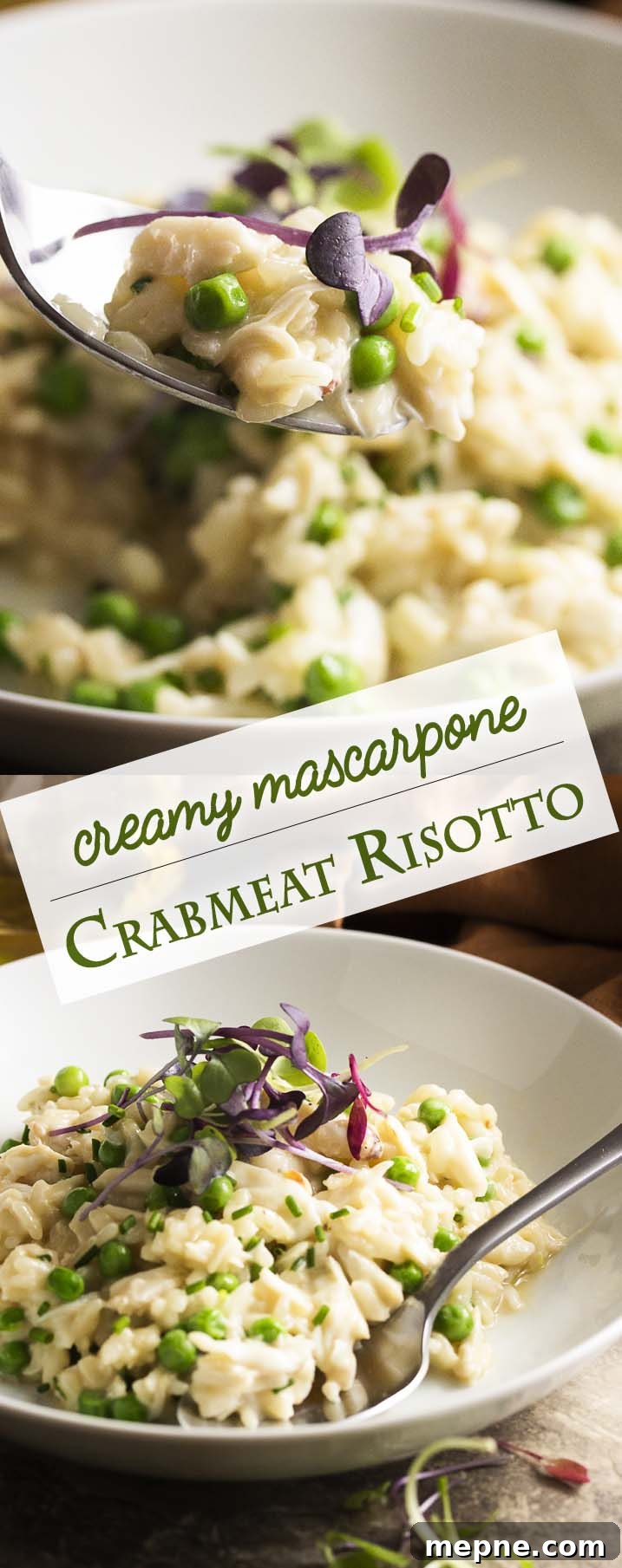 Creamy Crab Risotto with Mascarpone and Peas 6 Crab risotto collage with mascarpone, peas, and lump crab meat.