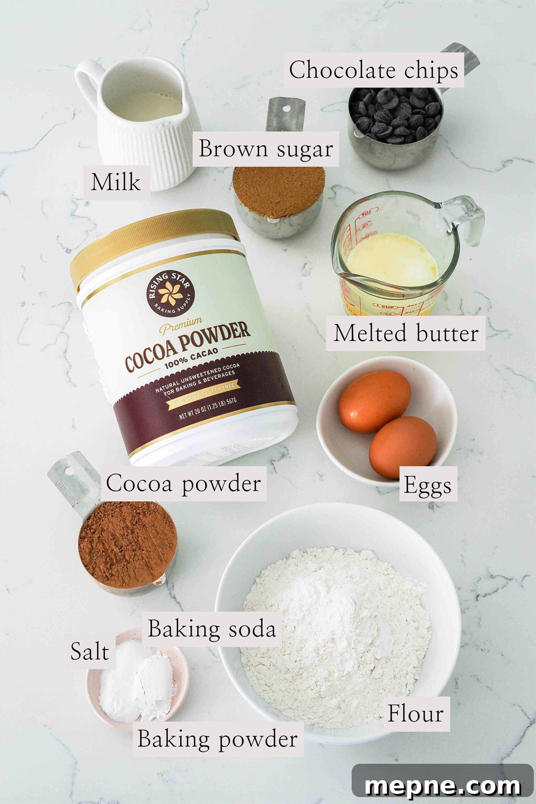 Moist and Fudgy Double Chocolate Muffins Recipe 3 Ingredients needed to make double chocolate muffins on a quartz counter.
