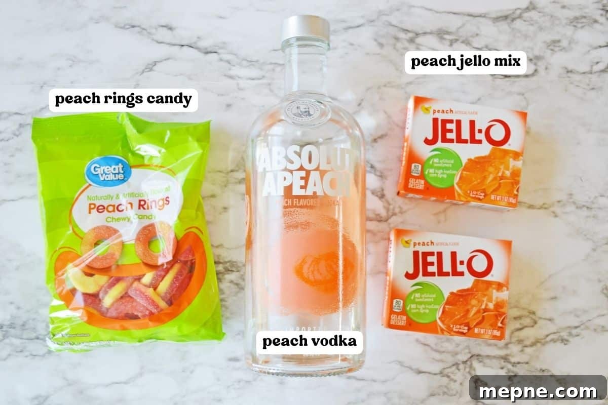 Absolut Peach Vodka, peach candy rings, and two box of peach Jello.