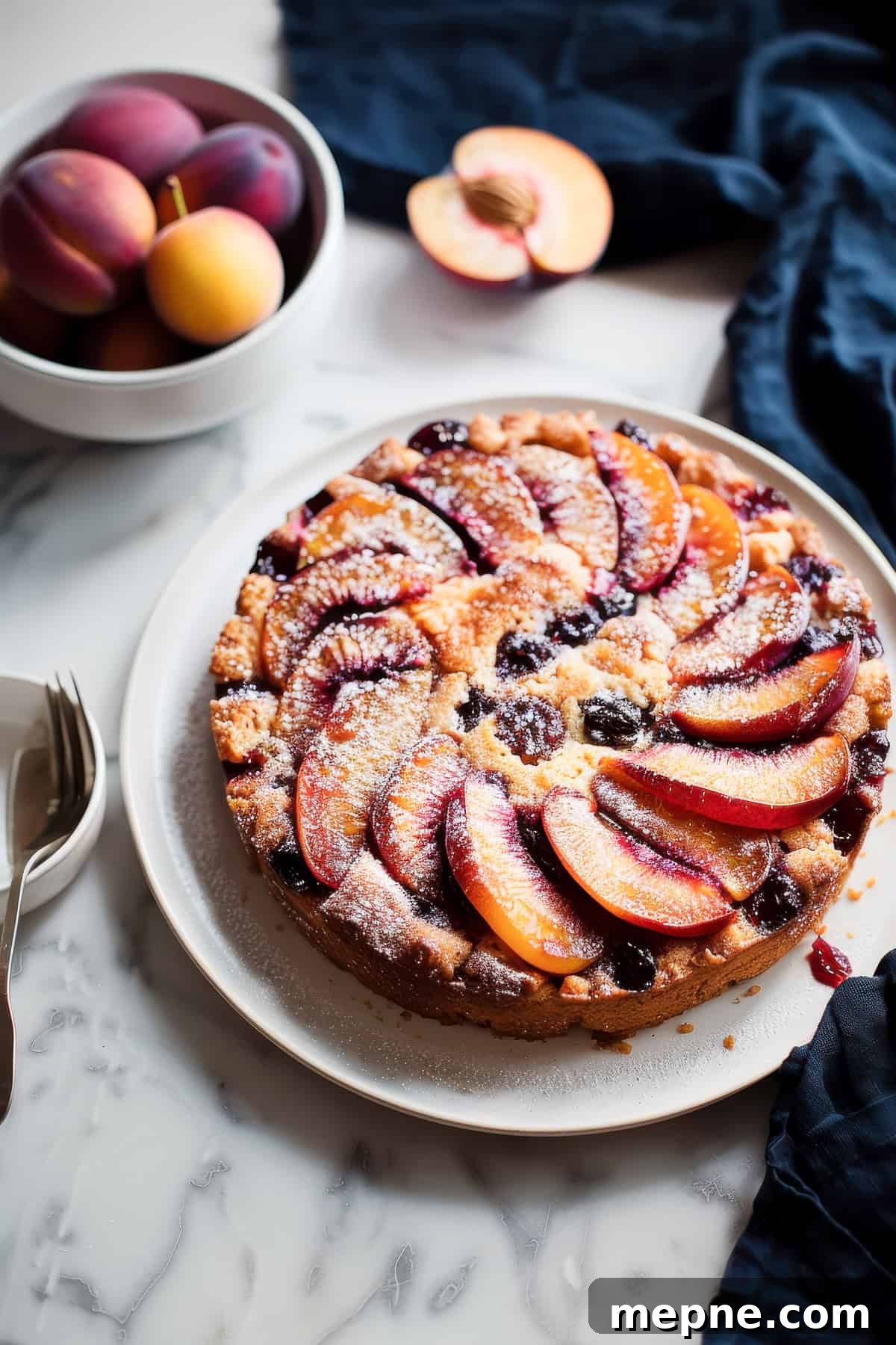 Nectarine cake on a white cake plate.