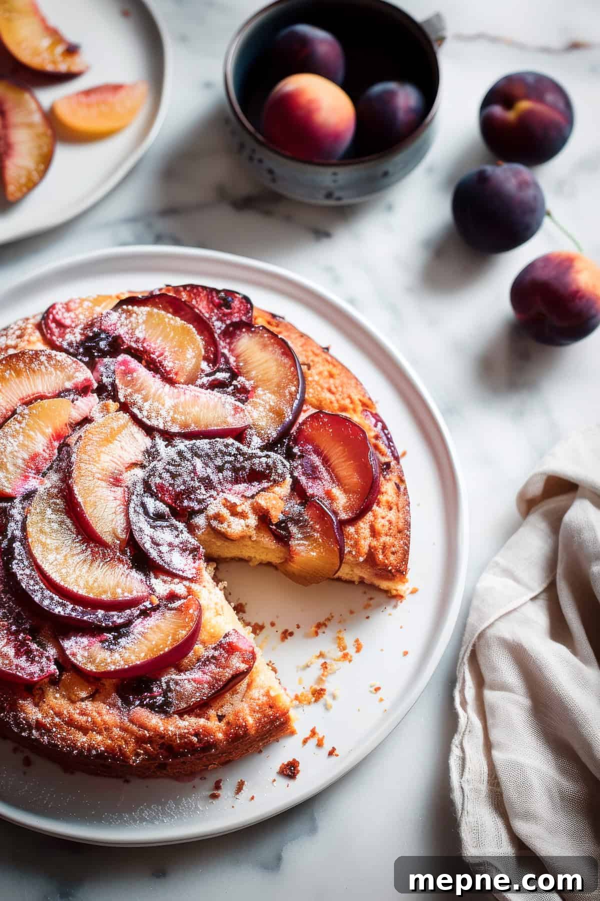 Nectarine cake on a white cake plate.