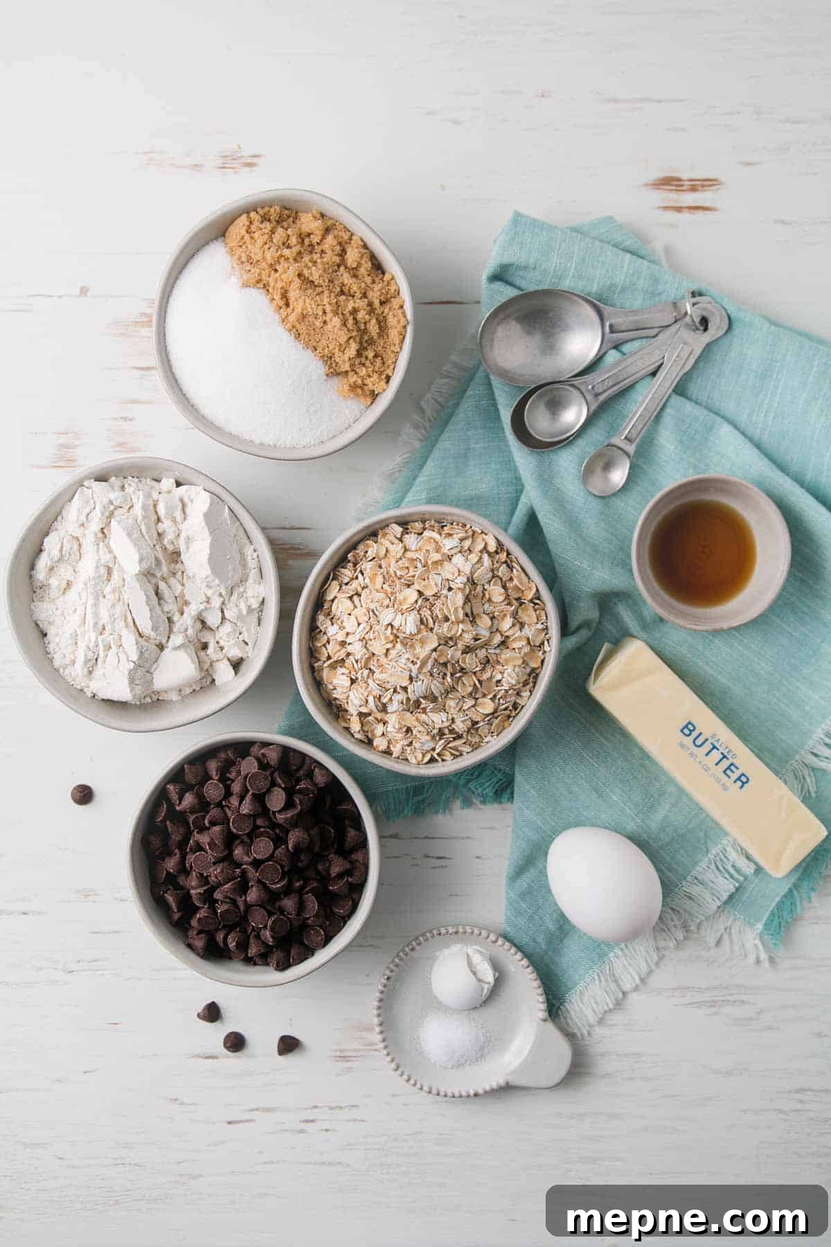 Chewy Gluten-Free Oatmeal Chocolate Chip Cookie Bars 3 Ingredients for the bar cookies measured out in bowls.