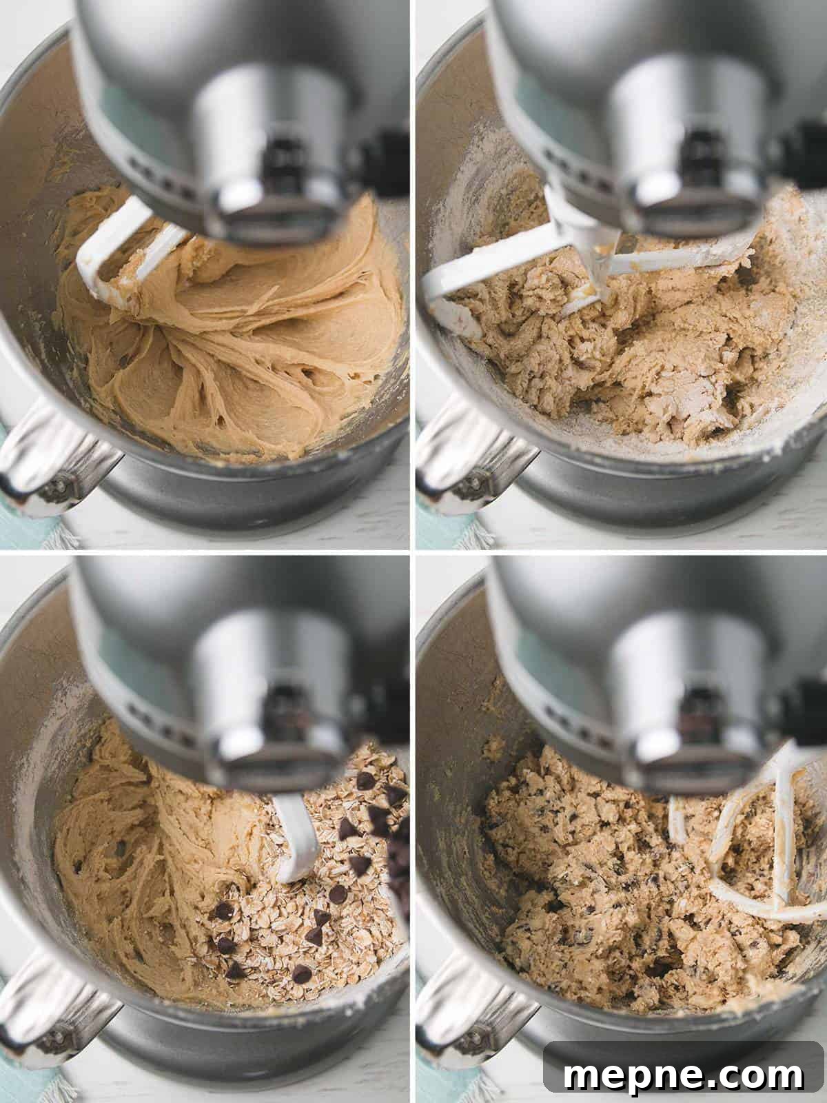 Chewy Gluten-Free Oatmeal Chocolate Chip Cookie Bars 4 Steps to mixing the chocolate chip bars, creaming sugars and butter, adding dry ingredients, blending in oats and chocolate chips.