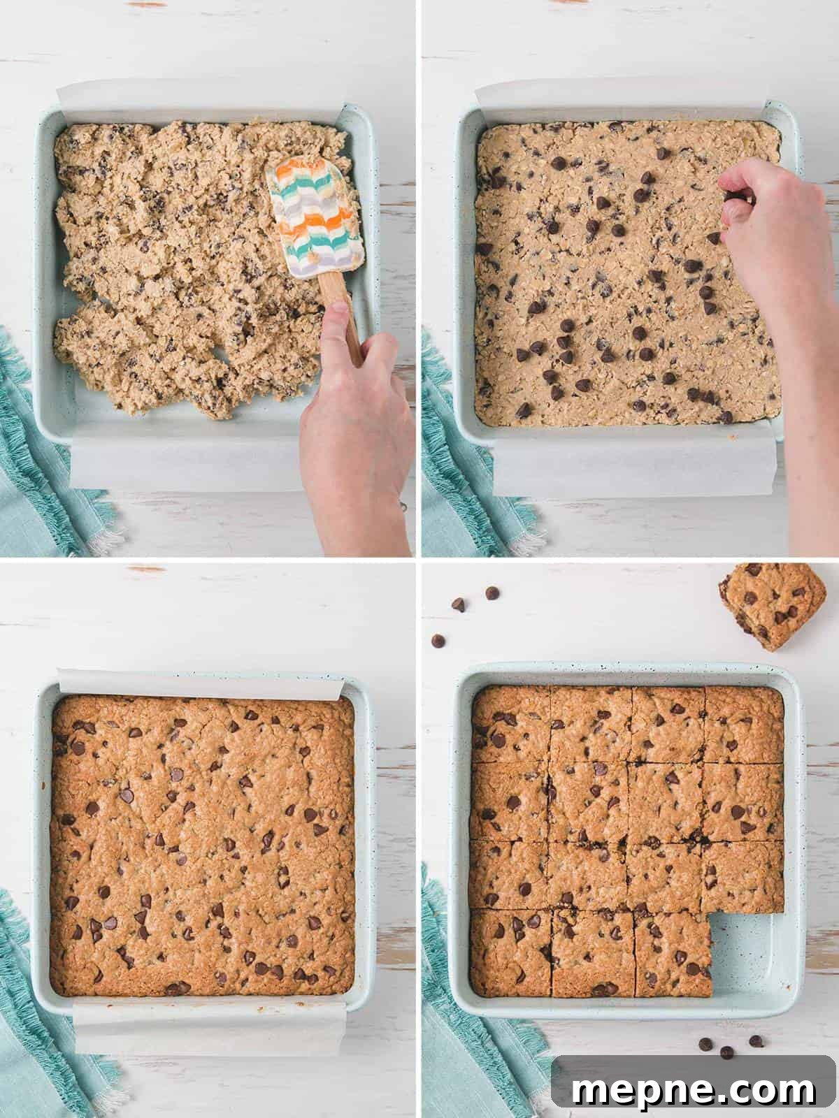Chewy Gluten-Free Oatmeal Chocolate Chip Cookie Bars 5 A collage showing: spreading the cookie dough into a parchment lined square blue pan, sprinkling with extra chocolate chips, the final baked cookie, then cut into squares.