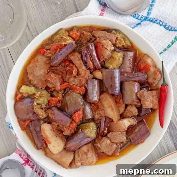 Binagoongang Talong: Eggplant in Shrimp Paste 8 eggplant stew with shrimp paste and pork belly in a white serving bowl