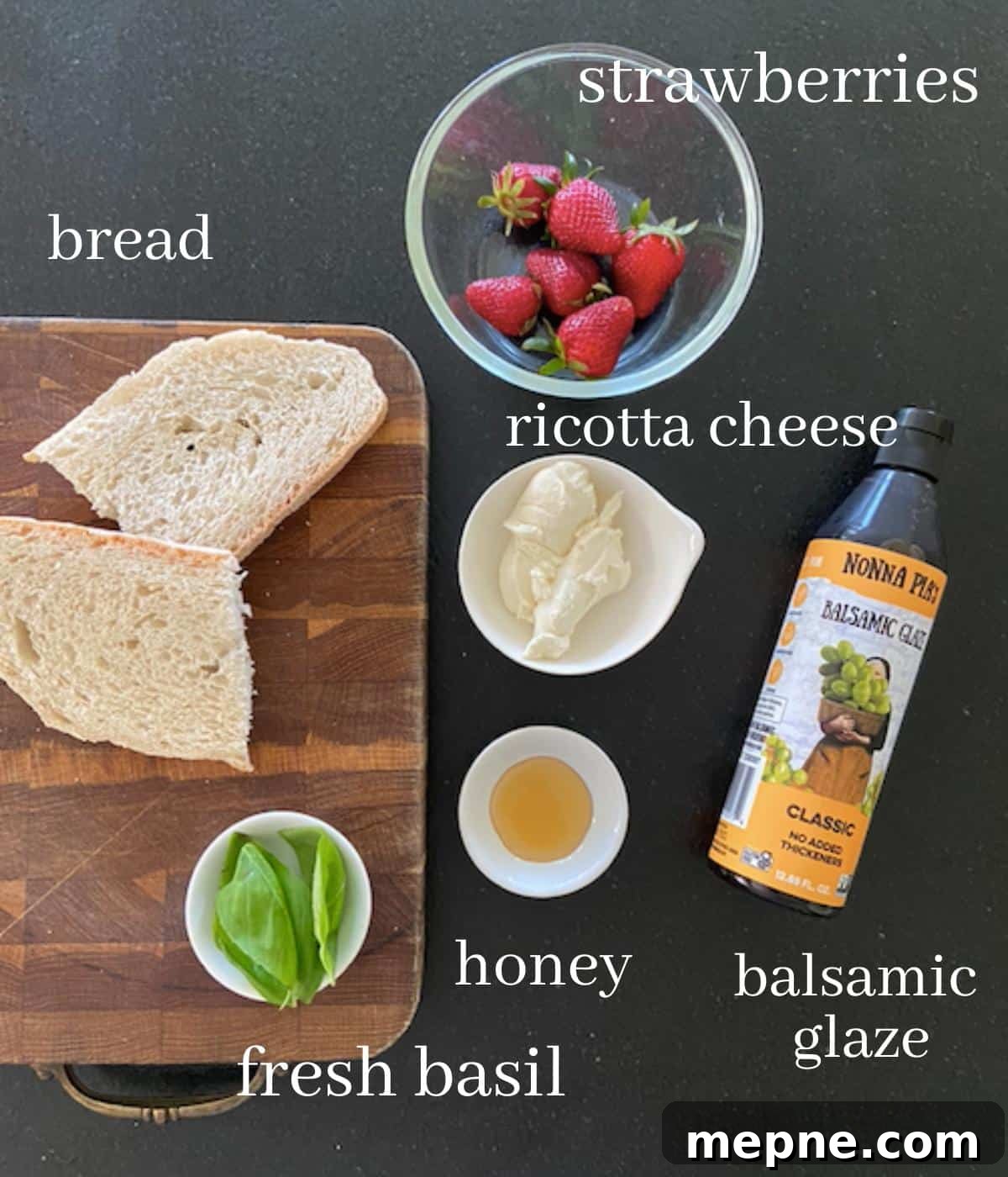 Strawberry Ricotta Toast with Honey Drizzle 3 ricotta toast ingredients on countertop with text