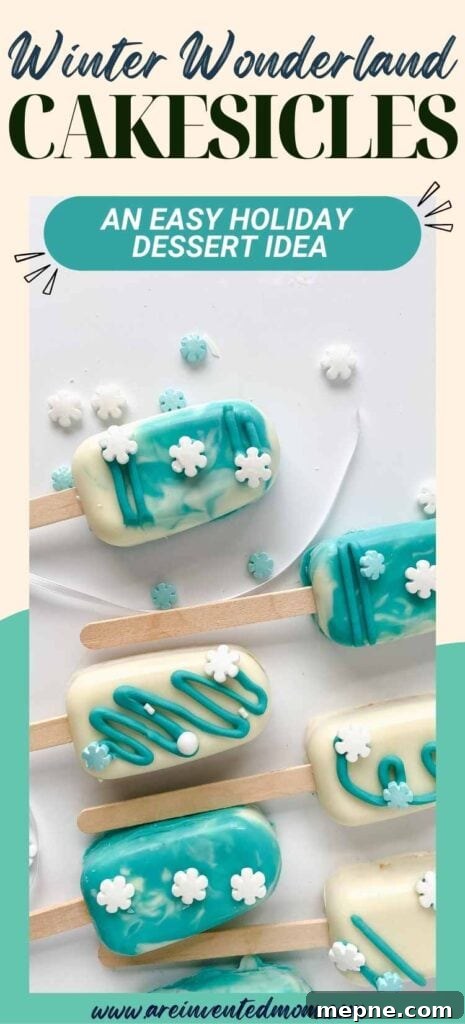 Decorated Frozen themed winter wonderland cakesicles on a white background with text overlay.