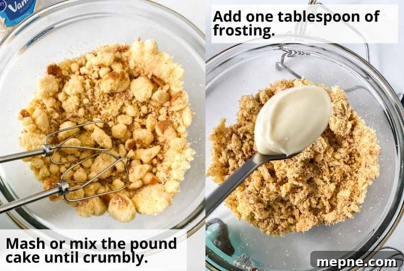 Two photo collage of breaking up the pound cake and adding frosting to cake crumbs with text overlay.
