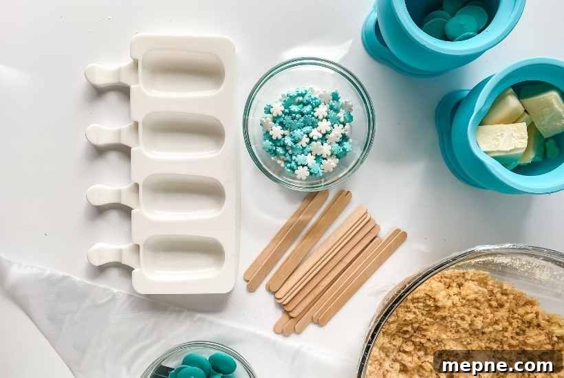 Top view of ingredients to decorate winter wonderland cakesicles.