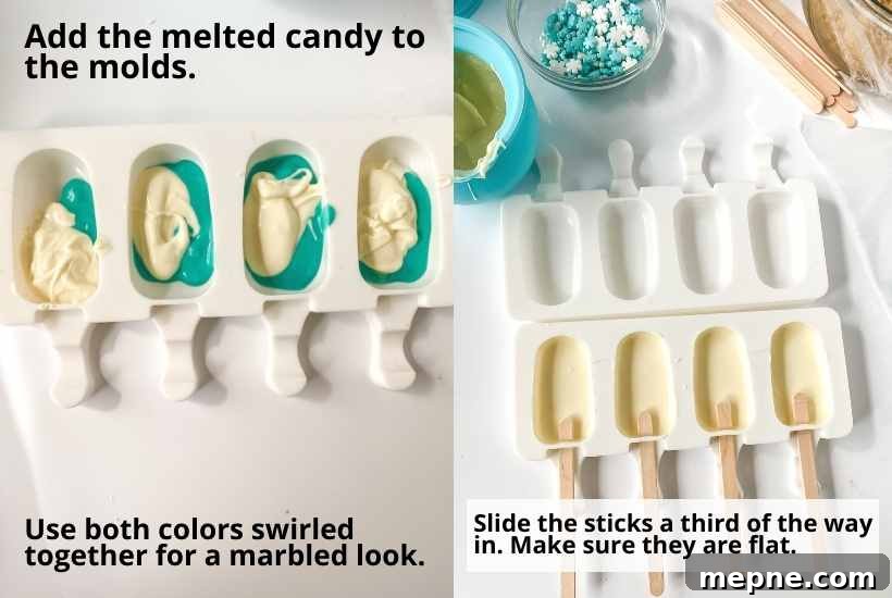 Two photo collage of top view of adding melted chocolate to the cakesicle molds and adding sticks with text overlay.