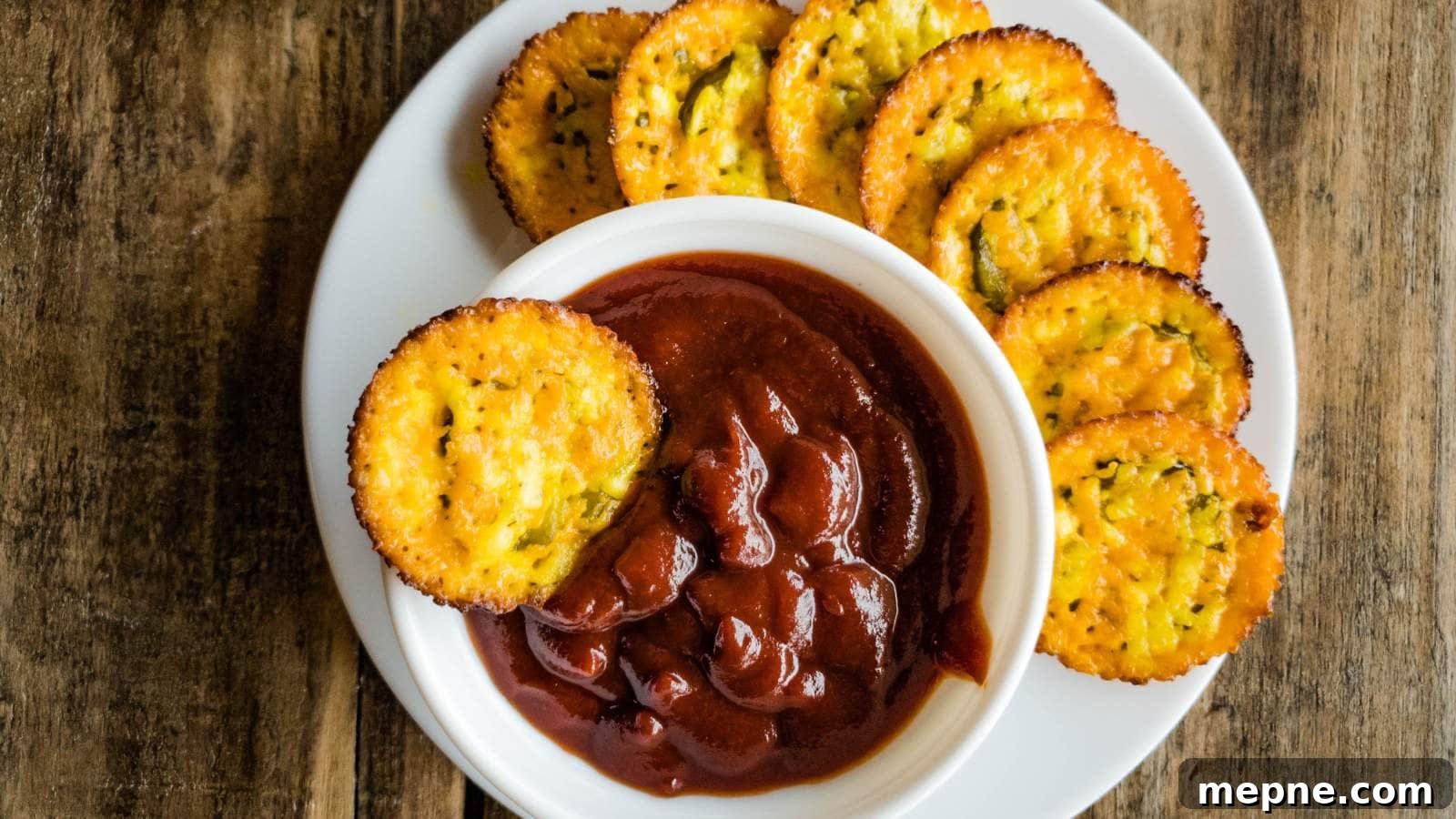 13 Low-Carb Holiday Appetizers to Impress Guests 2 Baked pickle cheese chips with bowl of ketchup on white plate.