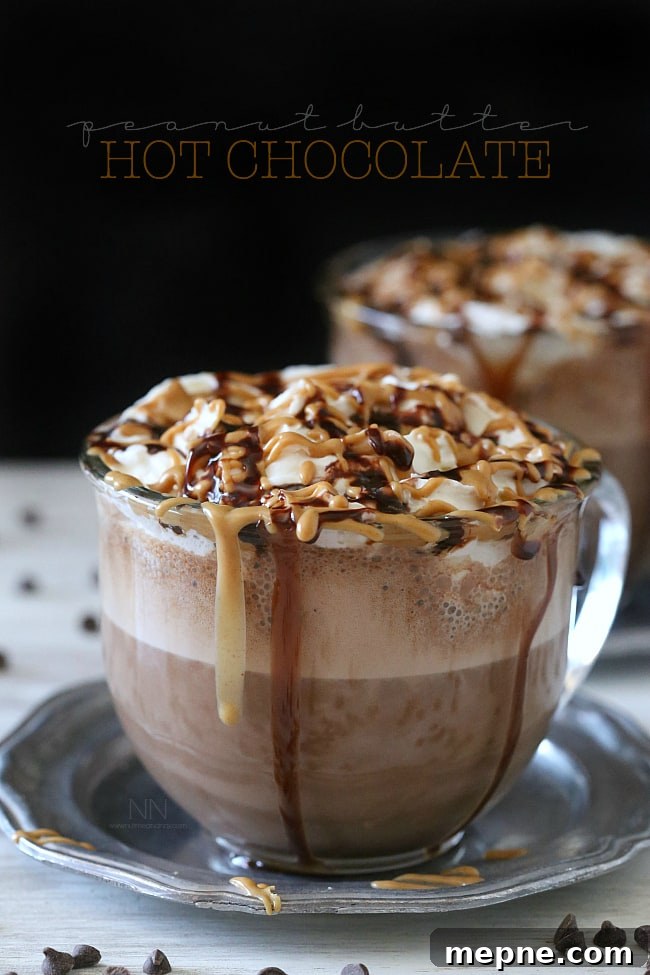 This rich and creamy peanut butter hot chocolate is perfect for keeping you warm all winter long. Made quickly in a high-speed blender or on the stovetop. Peanut Butter Hot Chocolate in a glass mug.
