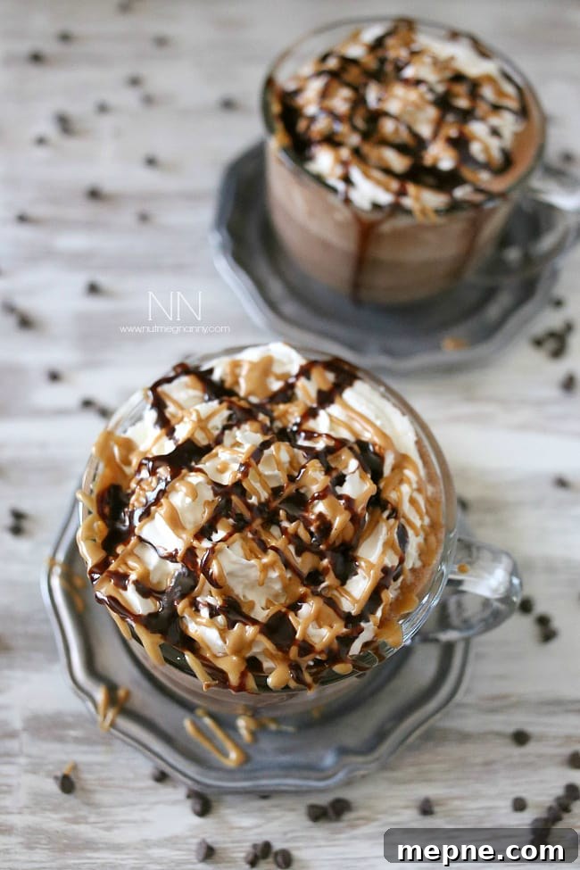Peanut Butter Hot Chocolate topped with whipped cream, chocolate sauce, and peanut butter drizzle. Peanut Butter Hot Chocolate with whipped cream.