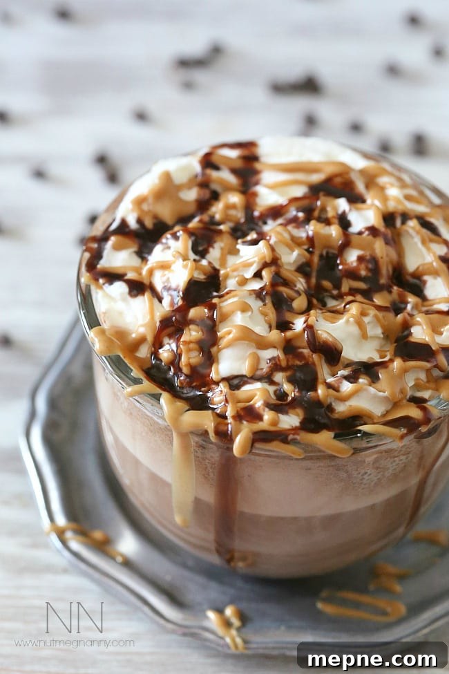 Serve in large mugs and garnish with whipped cream and a drizzle of chocolate. Peanut Butter Hot Chocolate in a large glass mug.