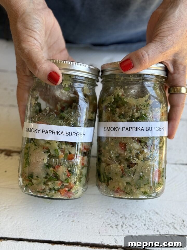 Smoky Chicken Patty Bowl: Weeknight Chicken Burger Recipe 6 two hands with red nail polish holding two jars with chicken patty mixture with labels