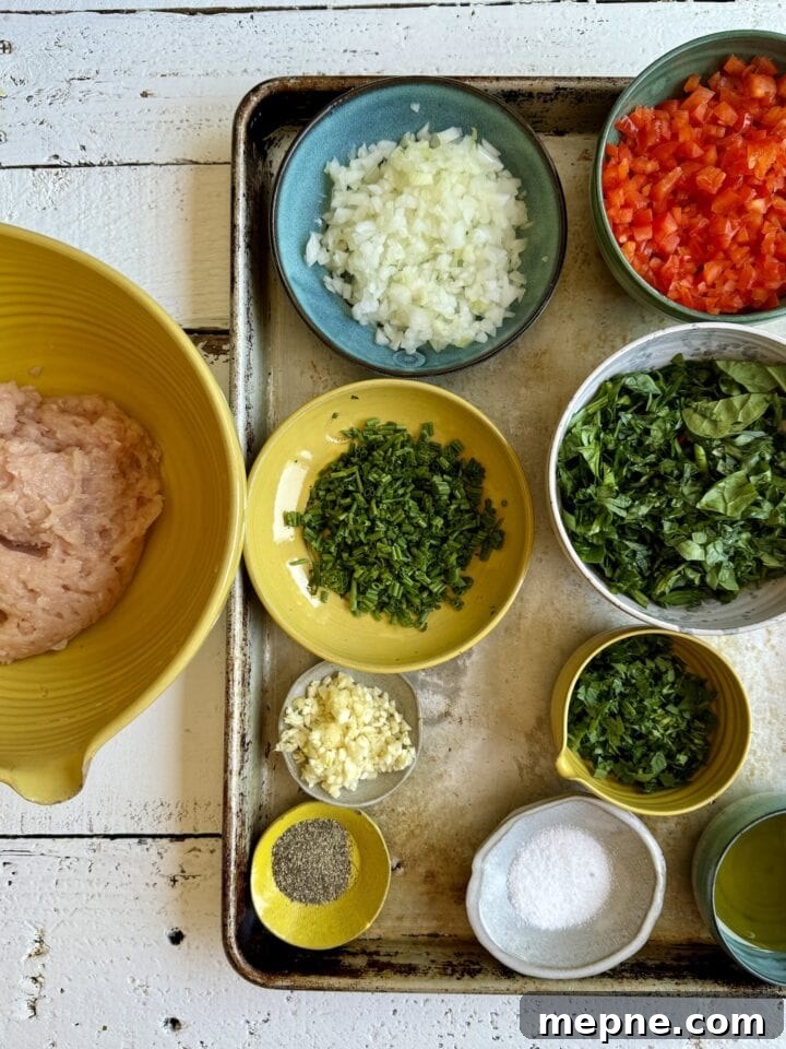 Smoky Chicken Patty Bowl: Weeknight Chicken Burger Recipe 7 chicken patty ingredients on a sheet tray and in a mixing bowl